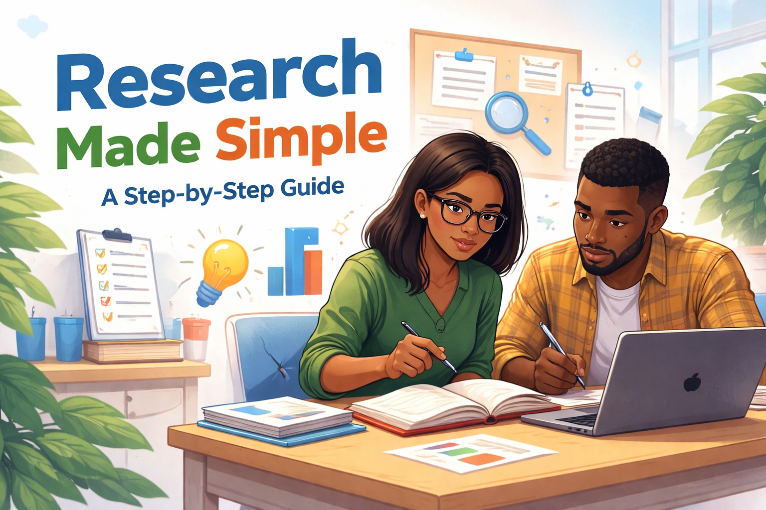 Illustration of students working together on a research project